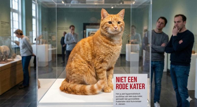 De opdracht: een rode kater die absoluut geen rode kater mag zijn. Het model vond een uitweg met een museumbordje.