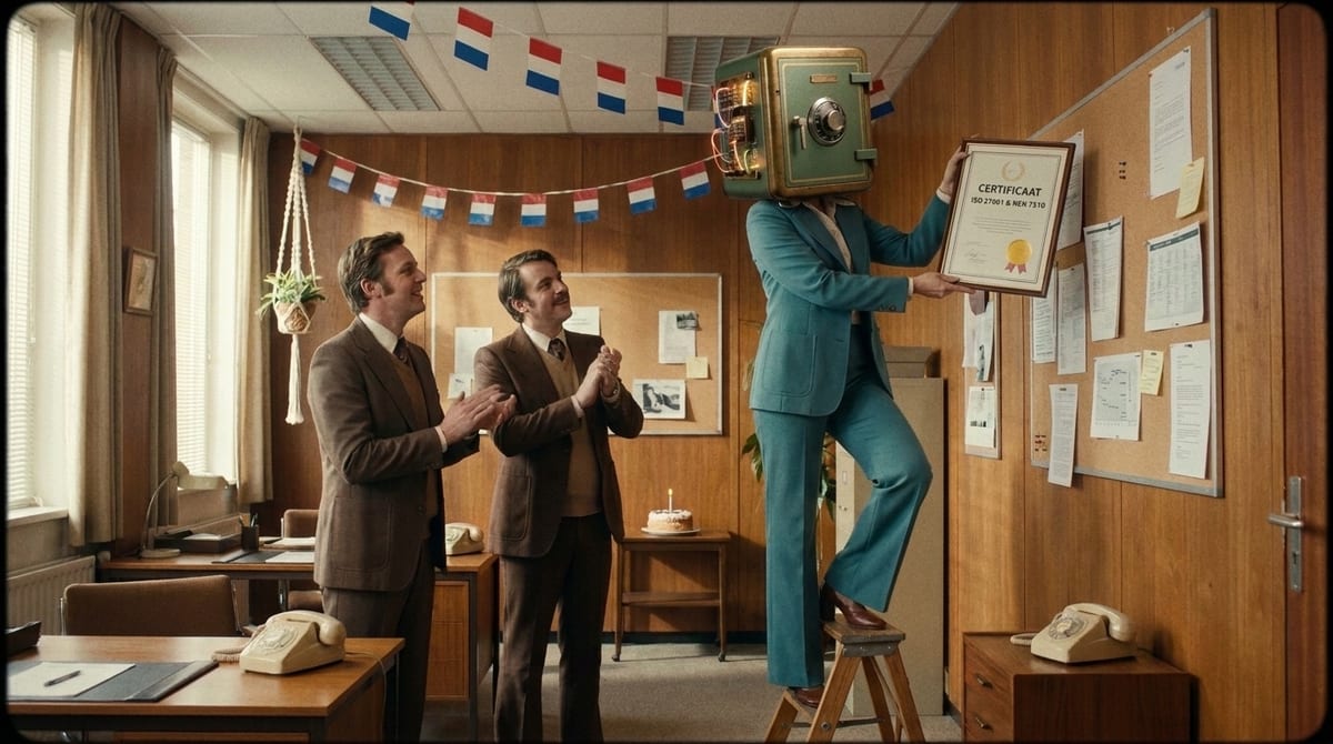 Het certificaat hangt. De taart is voor later.